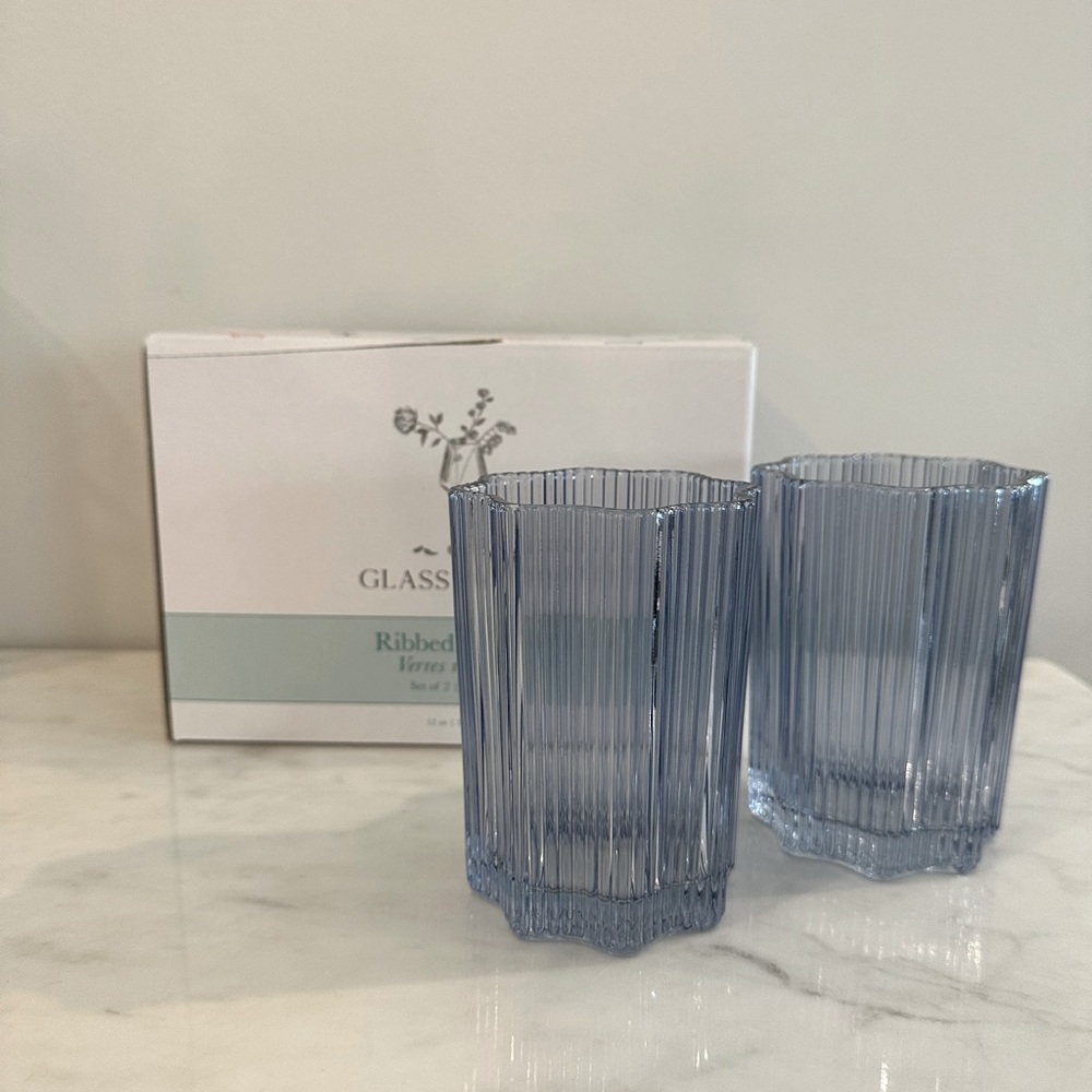 NIB | GlassHause Co. Set of 2 Cobalt Ribbed Glasses